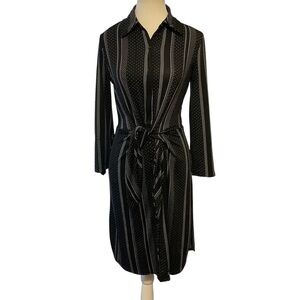 EMMA & MICHELE BLACK & WHITE STRIPED POLKA DOT BUTTON-DOWN SHIRT DRESS/ TIE BELT